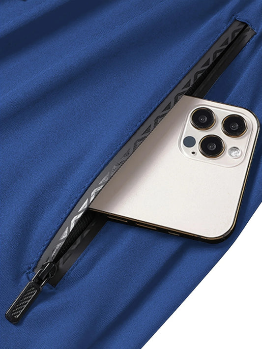 Men's Waist Drawstring Quick-drying High Elasticity Solid Color Sports Training Outdoor Long Pants with Zipper Pockets