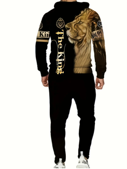 2-piece men's casual lion print hoodie and sweatpants set