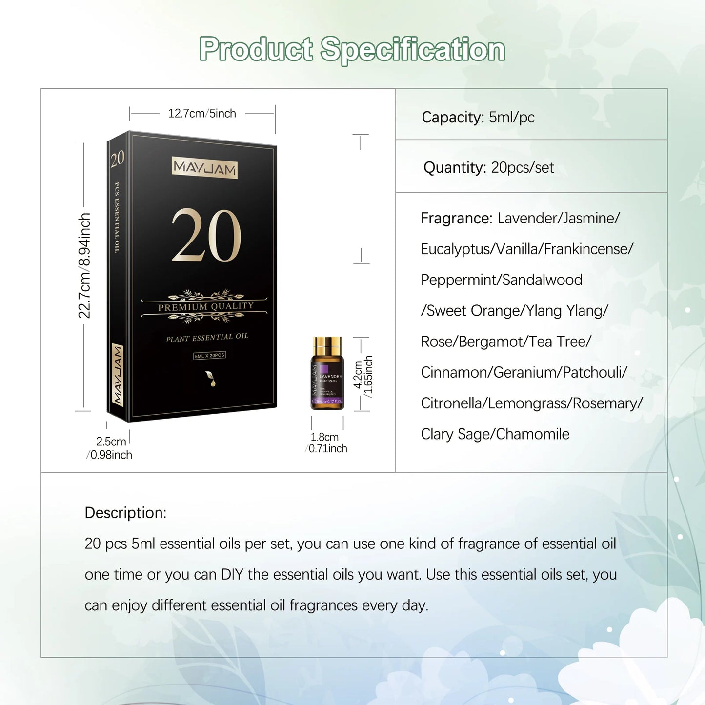 Bottles Essential 20 Oils Kit Set Lavender Jasmine Eucalyptus Vanilla Sandalwood Sweet Orange Geranium Patchouli