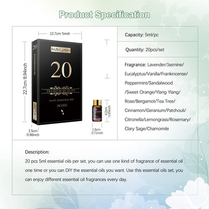 Bottles Essential 20 Oils Kit Set Lavender Jasmine Eucalyptus Vanilla Sandalwood Sweet Orange Geranium Patchouli