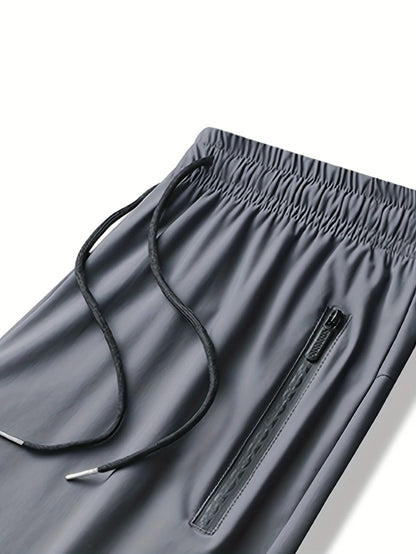 Men's Waist Drawstring Quick-drying High Elasticity Solid Color Sports Training Outdoor Long Pants with Zipper Pockets