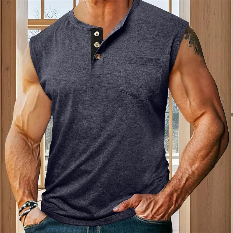 Men s Tank Top Sleeveless Shirt Quick-Dry Breathable Muscle Fitness with Button Detail