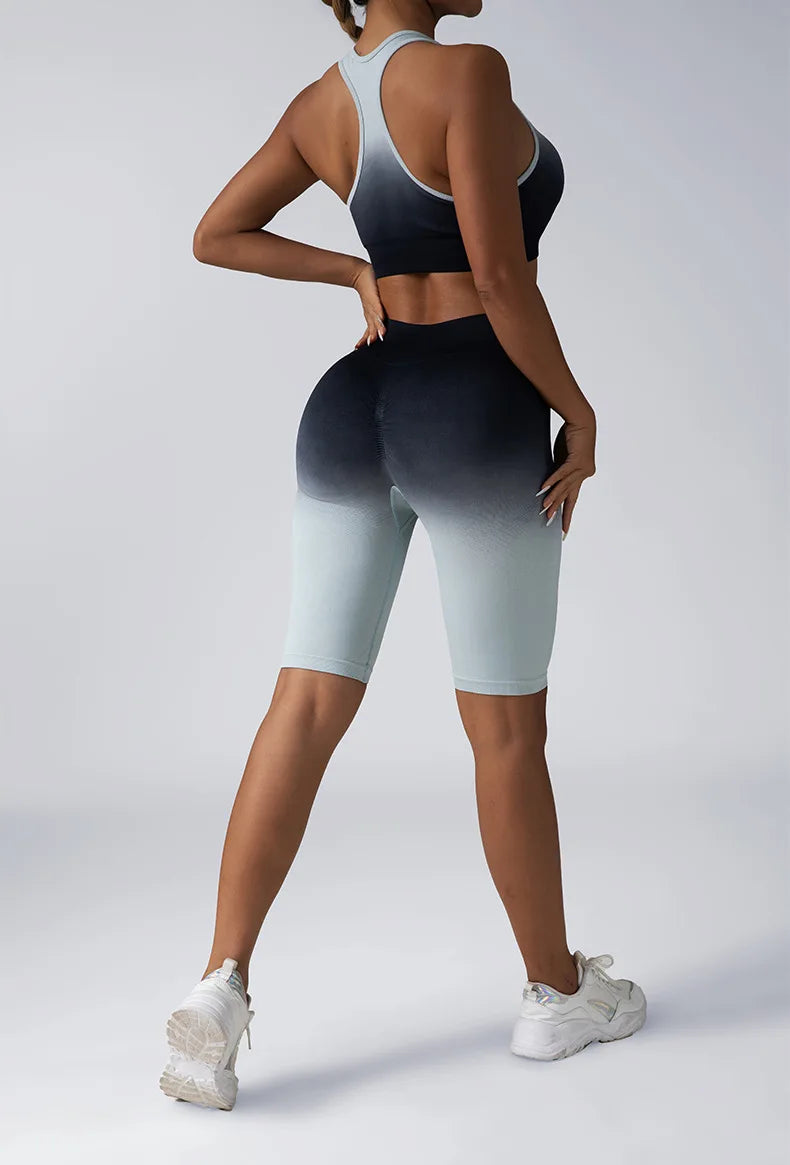 Ombre Color Gradient Women's Fitness Shorts, High Waist Bike Shorts