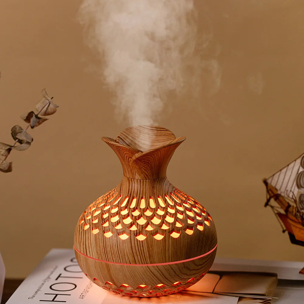 Wood Grain  Diffuser, Ultrasonic Atomization Humidifier, Essential Oil Compatible, USB Powered, Button Switch, Indoor Use Plasti