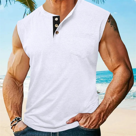 Men s Tank Top Sleeveless Shirt Quick-Dry Breathable Muscle Fitness with Button Detail