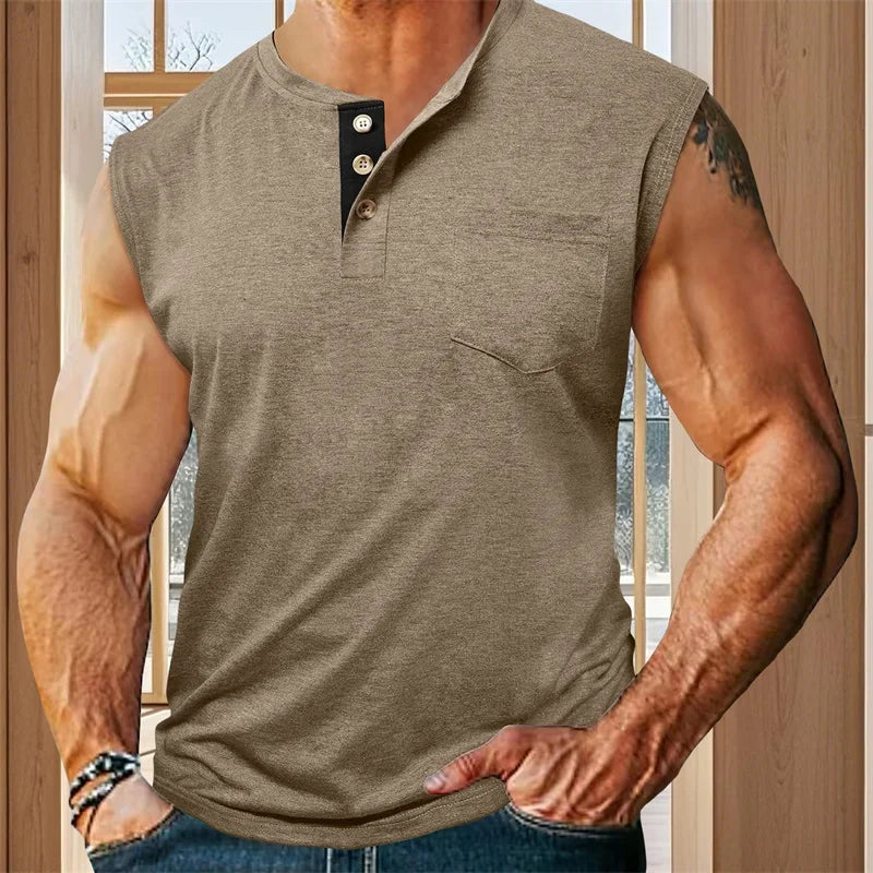 Men s Tank Top Sleeveless Shirt Quick-Dry Breathable Muscle Fitness with Button Detail