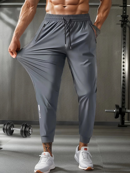 Men's Waist Drawstring Quick-drying High Elasticity Solid Color Sports Training Outdoor Long Pants with Zipper Pockets