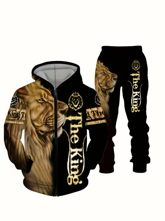 2-piece men's casual lion print hoodie and sweatpants set