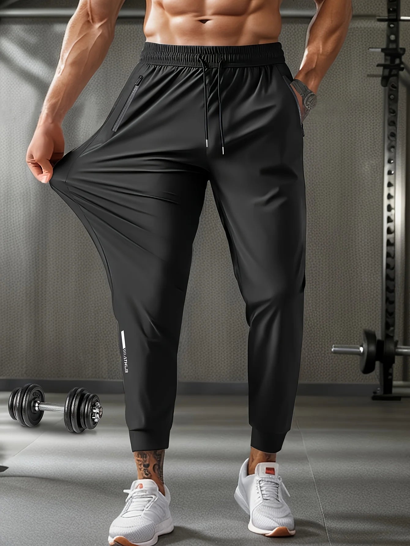 Men's Waist Drawstring Quick-drying High Elasticity Solid Color Sports Training Outdoor Long Pants with Zipper Pockets
