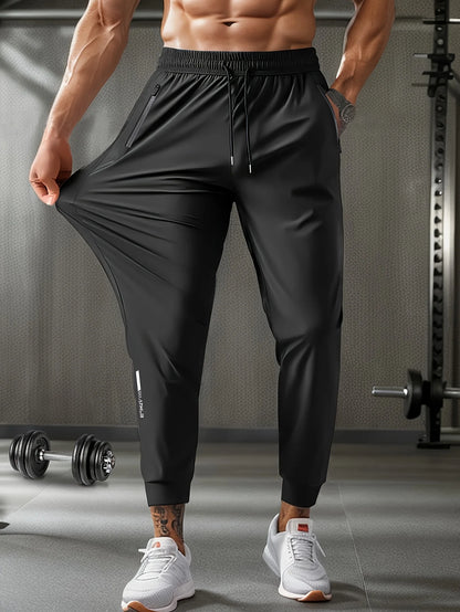 Men's Waist Drawstring Quick-drying High Elasticity Solid Color Sports Training Outdoor Long Pants with Zipper Pockets