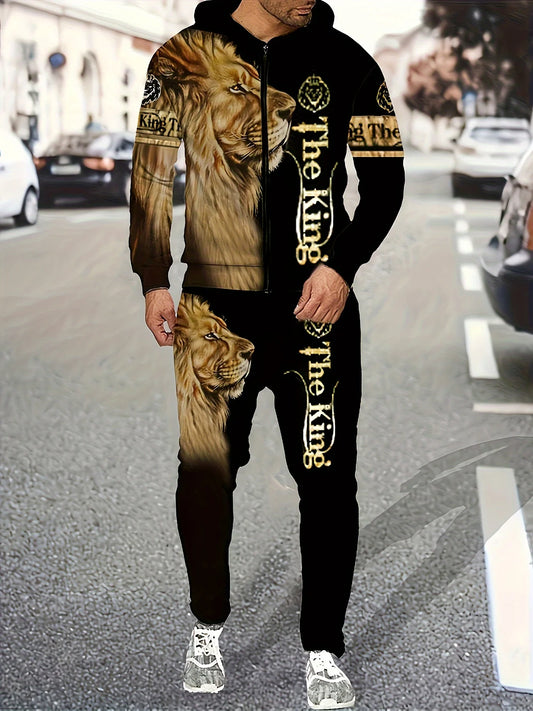 2-piece men's casual lion print hoodie and sweatpants set