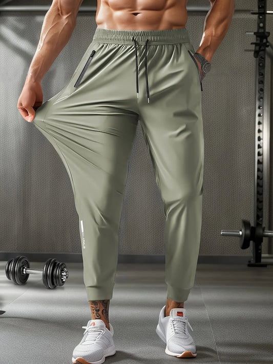Men's Waist Drawstring Quick-drying High Elasticity Solid Color Sports Training Outdoor Long Pants with Zipper Pockets