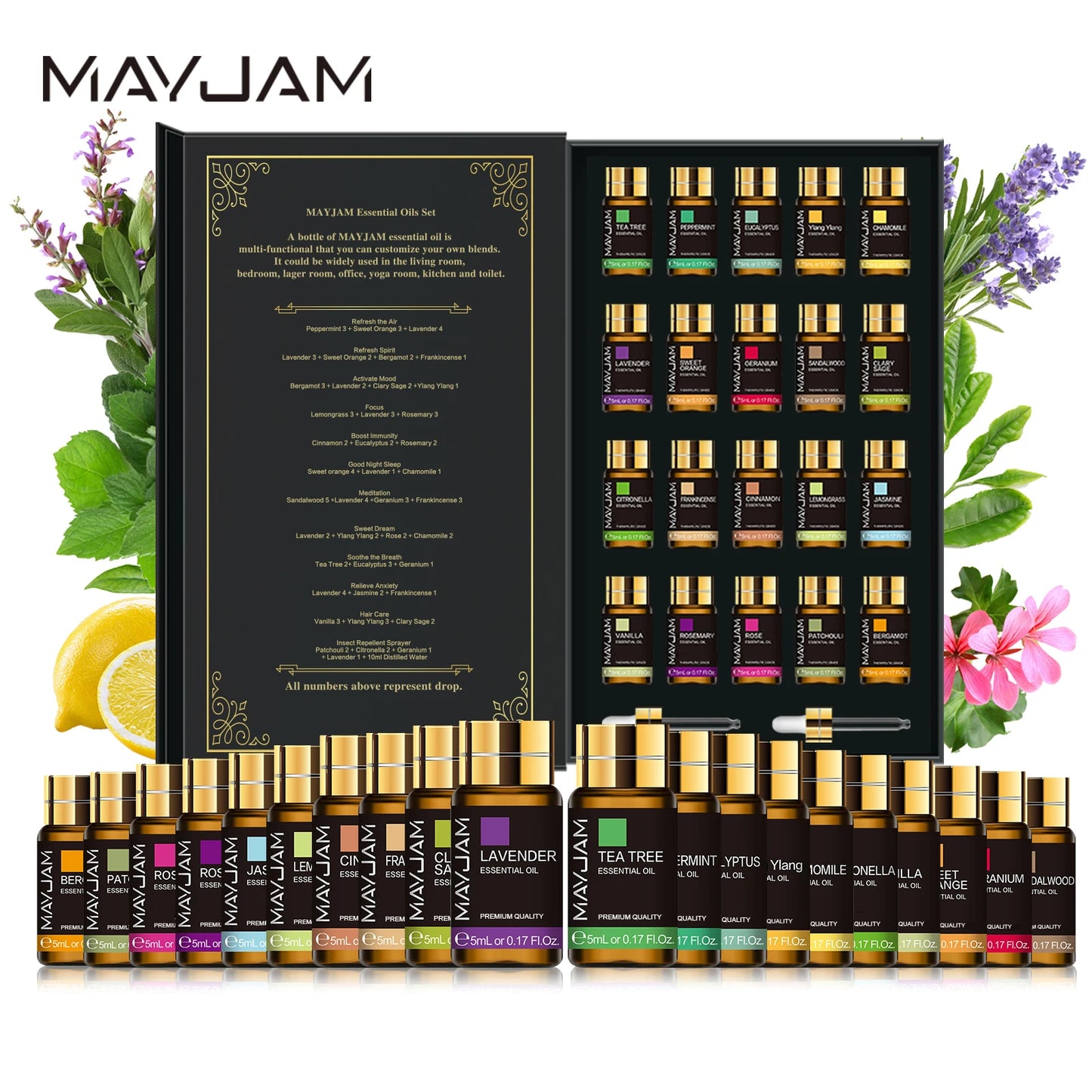 Bottles Essential 20 Oils Kit Set Lavender Jasmine Eucalyptus Vanilla Sandalwood Sweet Orange Geranium Patchouli