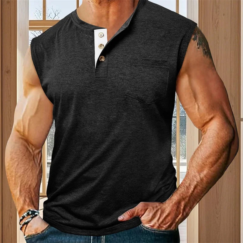 Men s Tank Top Sleeveless Shirt Quick-Dry Breathable Muscle Fitness with Button Detail